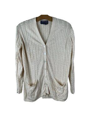 Country Shop Cardigan Size Small Cable Knit Button Front Long Sleeve Silk Cream